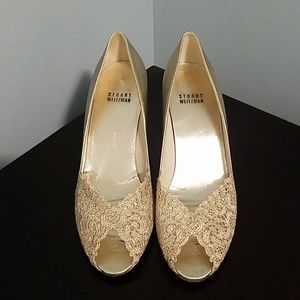 Stuart Weitzman peeptoe lace pumps